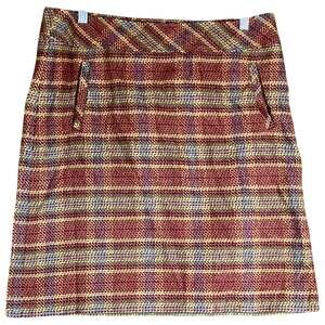 Talbots Womens Skirt Red Multicolor Tweed Plaid A-Line Side Zip Wool Blend 8